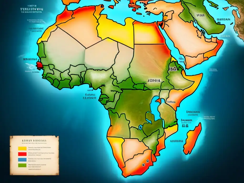 Mapa en el comercio esclavista: Detallado mapa sepia del siglo XVIII de África, envejecido y marcado por puertos de esclavos