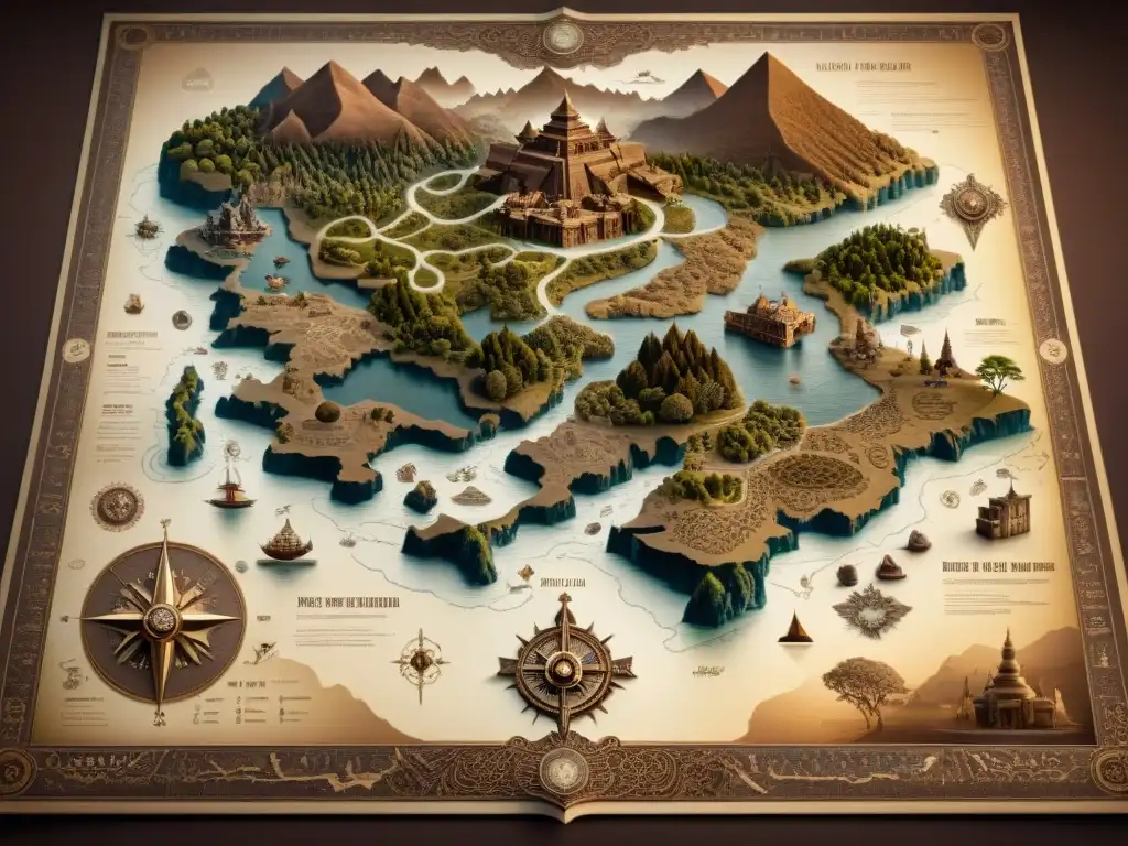 Mapa conceptual antiguo lleno de misterios y criaturas míticas en tonos sepia Un mapa conceptual antiguo evocador lleno de criaturas míticas y símbolos en tonos sepia, invita a descifrar sus secretos