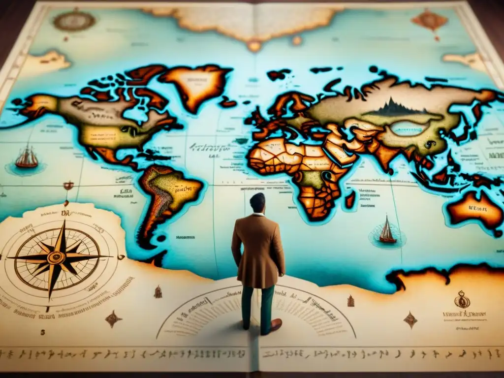 Mapa antiguo detallado: criaturas míticas y monstruos marinos en sepia Un mapa conceptual antiguo evolutivo detallado en sépia con criaturas míticas y rosas de los vientos elaboradas