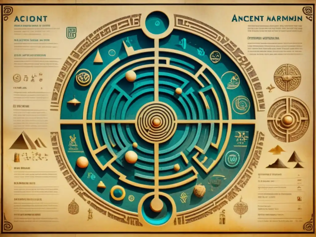 Mapa conceptual antiguo: símbolos y criaturas místicas Mapa conceptual antiguo en pergamino con intrincados símbolos y criaturas míticas