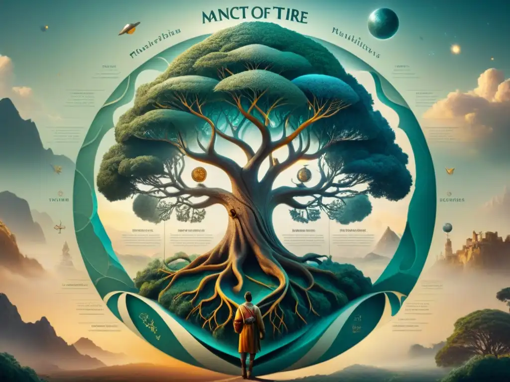 Mapa del saber antiguo: árbol de la sabiduría evolutiva Mapa conceptual antiguo evolucionando: sabiduría ancestral conectando pasado y futuro