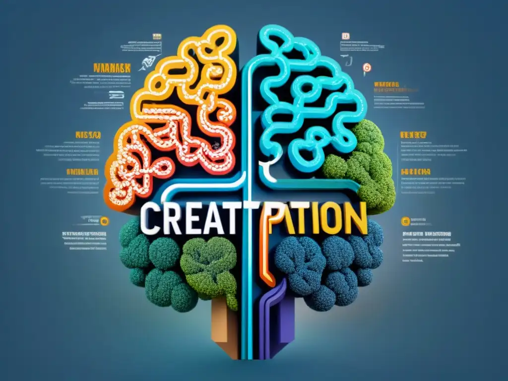 Un mapa conceptual detallado de un cerebro con caminos e hitos representando pensamientos y conceptos, ilustrando la organización mental