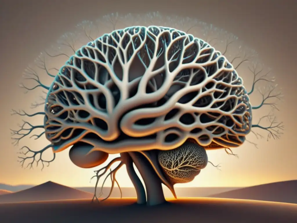 Mapa conceptual detallado de neuronas y sinapsis, creando una red intrincada que organiza pensamientos