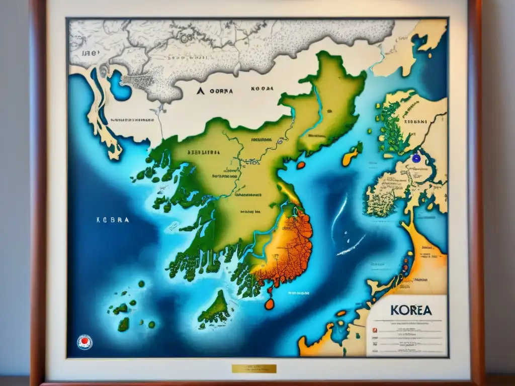 Mapa de piedra coreano evolución: Intrincado mapa en piedra sepia con detalles geográficos y símbolos, reflejando la historia cartográfica de Corea