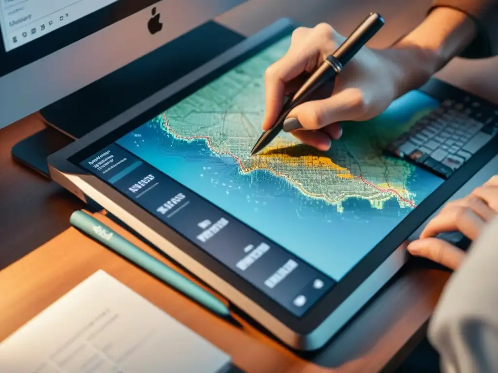 Mapa de datos detallado en pantalla: visualización avanzada con Mapbox Mapa de visualización de datos complejo en pantalla de computadora, destacando mejores técnicas visualización datos Mapbox
