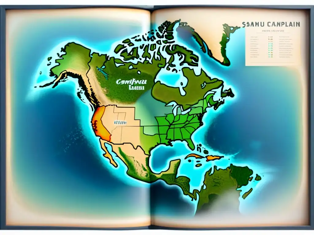 Mapa detallado en sepia de Samuel de Champlain de la colonización de Norteamérica, evocando la exploración histórica