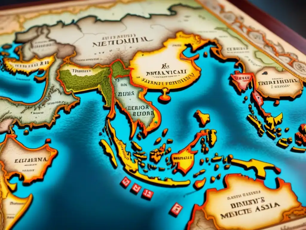 Mapa sepia detallado de Asia antigua, con elementos cartográficos ornamentales