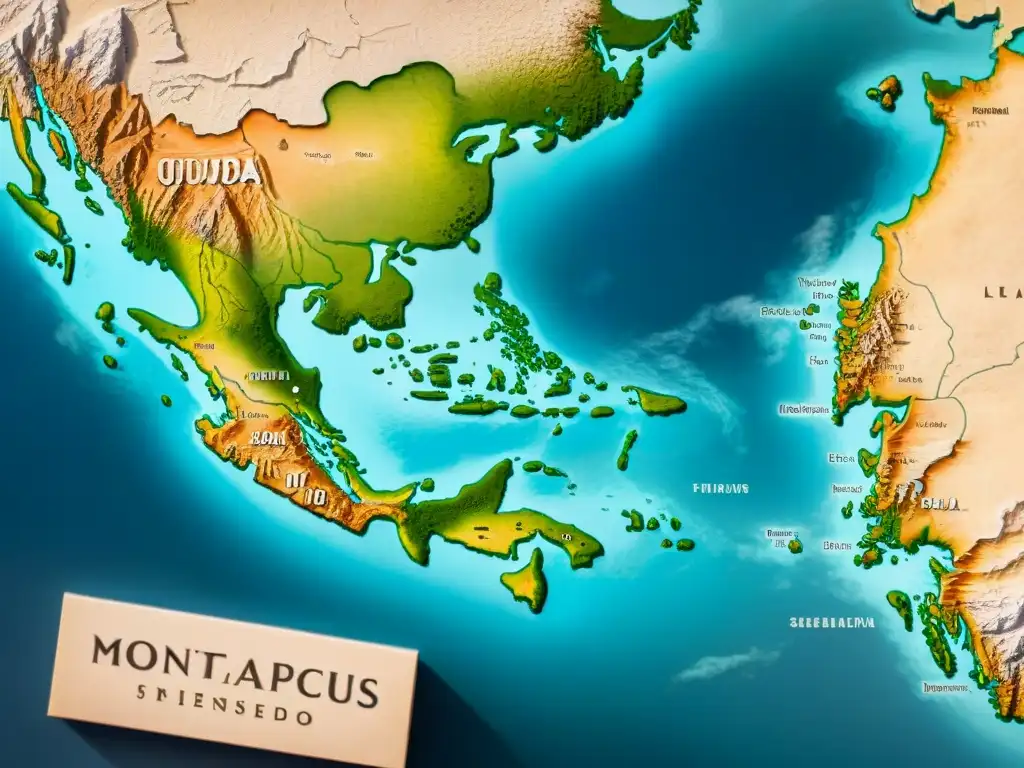 Mapa detallado sepia de la antigua Grecia, con el Monte Olimpo, templos y paisajes marcados, rodeado de pergamino desgastado