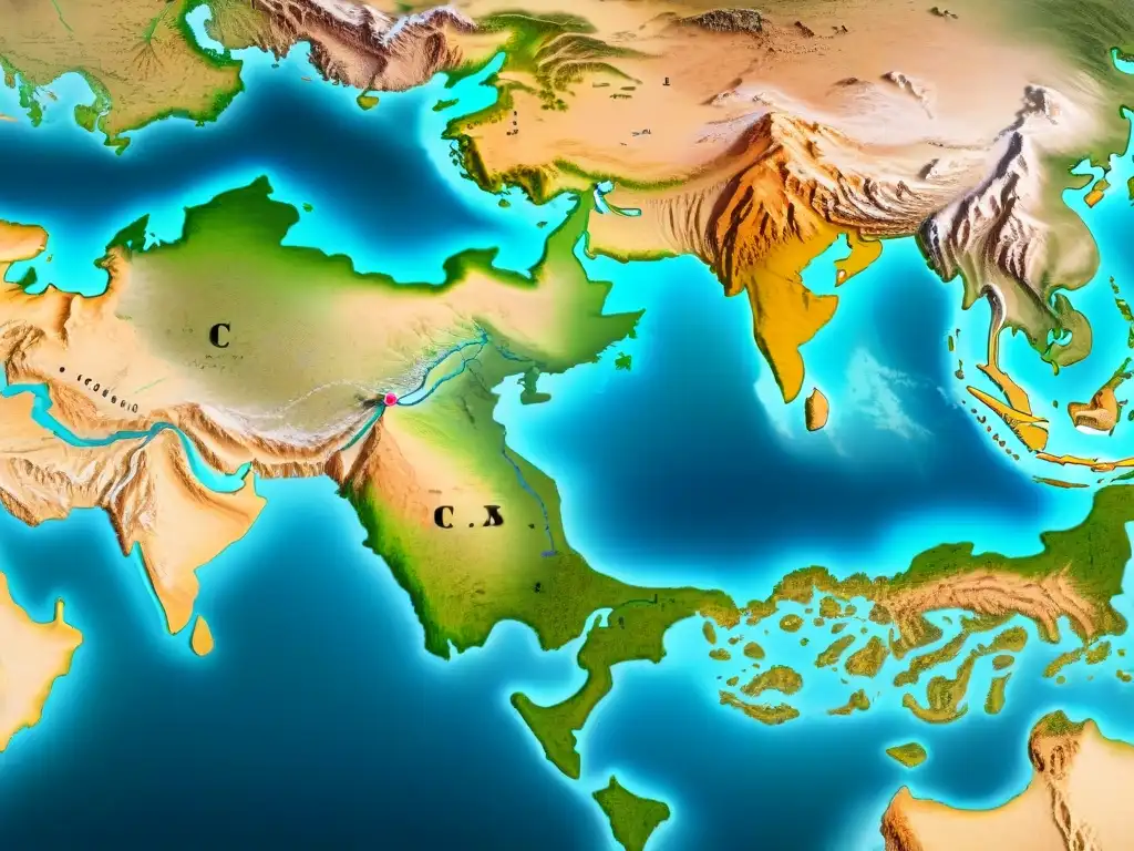 Un mapa detallado en sepia de la antigua Ruta de la Seda en Asia Central, con ilustraciones de camellos y tribus nómadas, resaltando la historia de la cartografía en la región