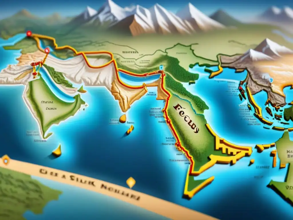 Mapa sepia detallado de la antigua Ruta de la Seda, resaltando ciudades comerciales y monumentos culturales