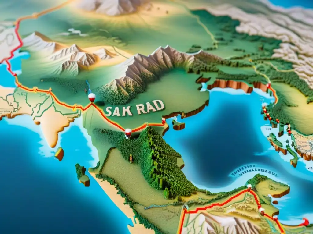 Mapa detallado en sepia de la antigua Ruta de la Seda en Asia, con ilustraciones de caravanas comerciales, oasis y pasos de montaña