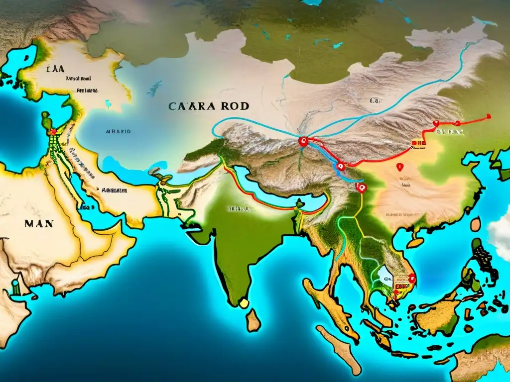 Mapa detallado en sepia de la antigua Ruta de la Seda, con ilustraciones de camellos y mercados, evocando la evolución de la cartografía en Asia