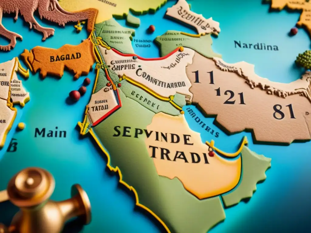 Un mapa sepia detallado de antiguas rutas comerciales en Medio Oriente, con especias, camellos y bulliciosos mercados