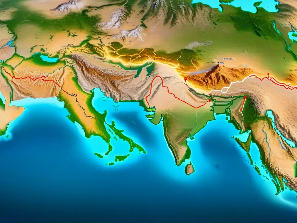 Mapa detallado en sepia de las antiguas rutas comerciales de la Ruta de la Seda, destacando ciudades clave y características geográficas