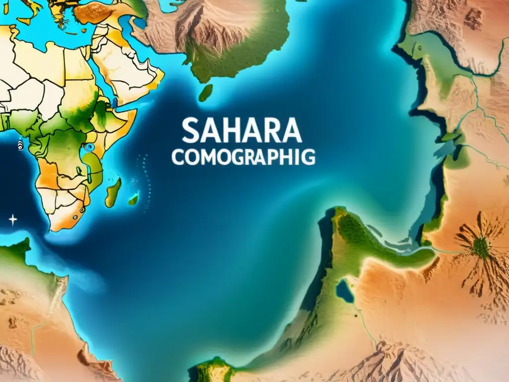 Mapa sepia detallado que muestra la evolución de la cartografía del Sahara, con antiguas rutas comerciales y paisajes históricos