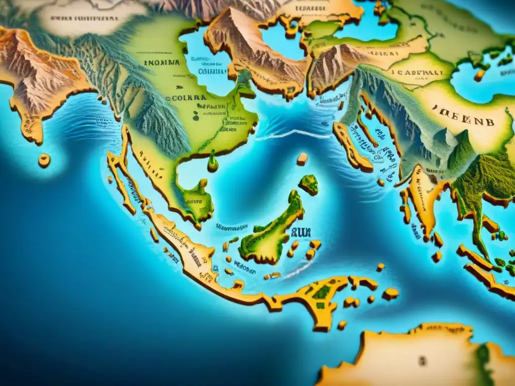 Mapa detallado de antiguas rutas comerciales entre continentes, con ilustraciones de barcos, caravanas y animales exóticos