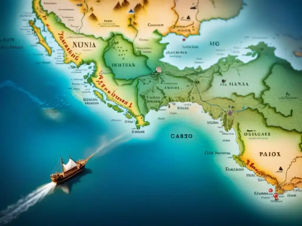 Mapa detallado en sepia de antiguas rutas comerciales con ilustraciones de barcos, caravanas y animales exóticos