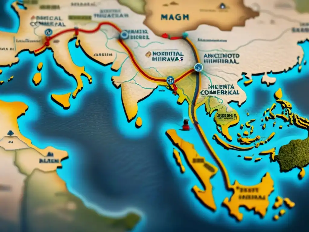 Un mapa sepia detallado de las antiguas rutas comerciales de la Seda, con ciudades clave y símbolos culturales