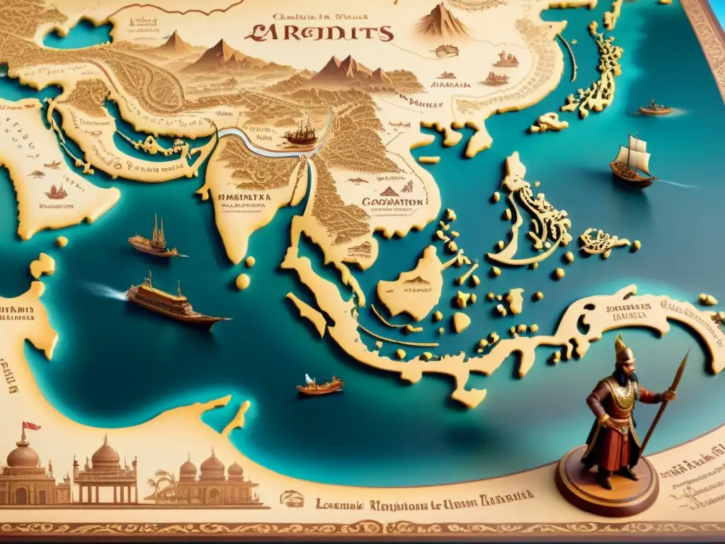 Mapa sepia de rutas comerciales antiguas detallado y fascinante Un mapa sepia detallado de antiguas rutas comerciales, con barcos, caravanas y mercaderes intercambiando bienes en mercados bulliciosos
