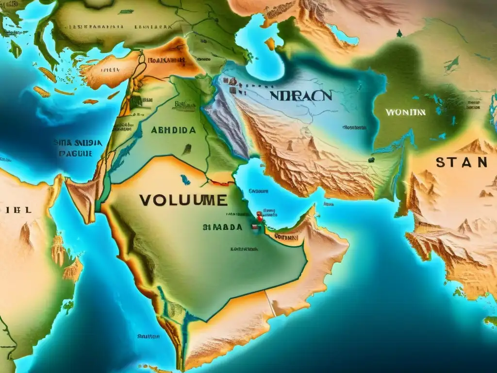 Un mapa sepia detallado del antiguo Medio Oriente con leyendas cartográficas y seres místicos entrelazados en la tierra