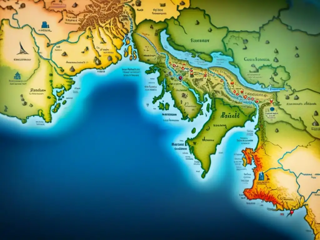 Mapa detallado sepia de antiguos imperios, rutas comerciales y movimientos militares estratégicos de conquistadores