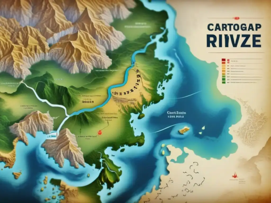 Mapa detallado en sepia de la evolución cartográfica del río Yangtsé, desde antiguos mapas manuscritos hasta imágenes satelitales modernas, resaltando su importancia en la historia de la cartografía