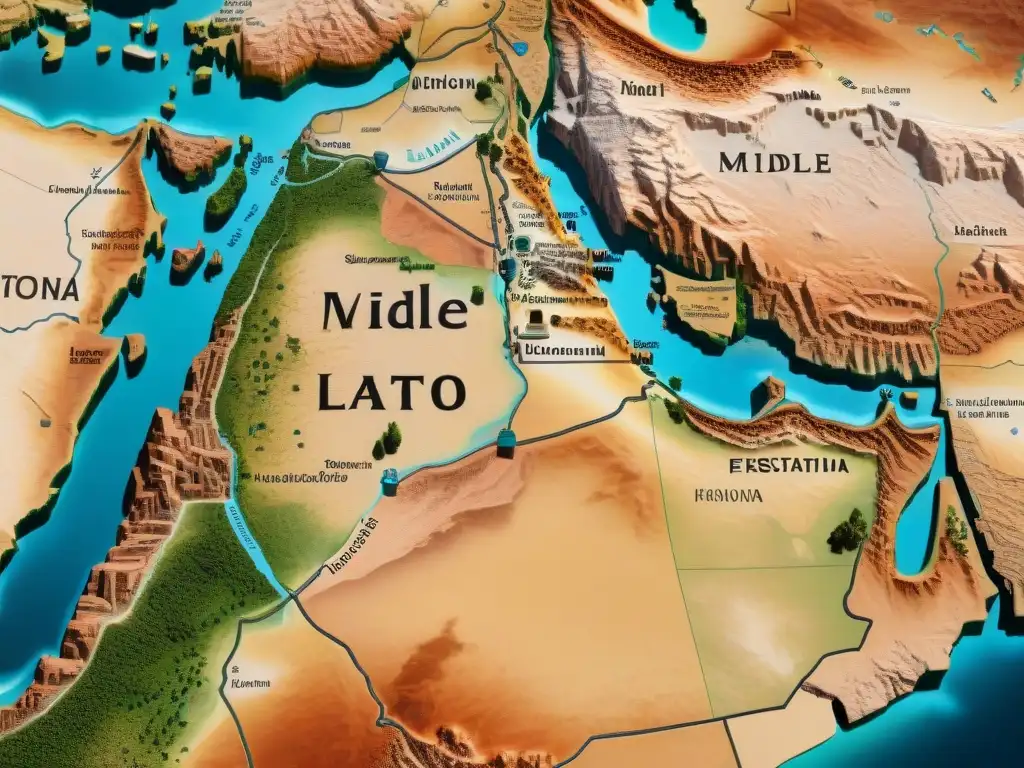 Mapa detallado del Medio Oriente: evolución cartografía en sepia, con landmark antiguos y modernos como Babilonia y Petra