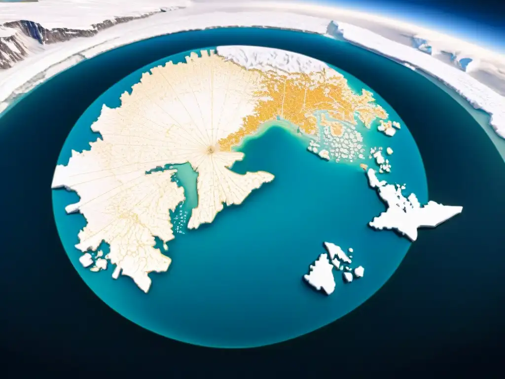 Mapa sepia detallado mostrando la evolución cartográfica del Ártico, resaltando rutas comerciales históricas, territorios indígenas y el impacto del cambio climático en el paisaje