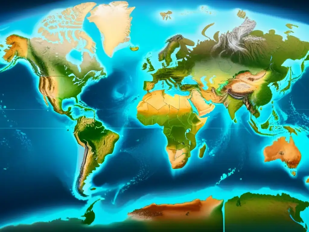 Mapa detallado en sepia del cambio climático en el mundo: niveles del mar, deforestación y sequías