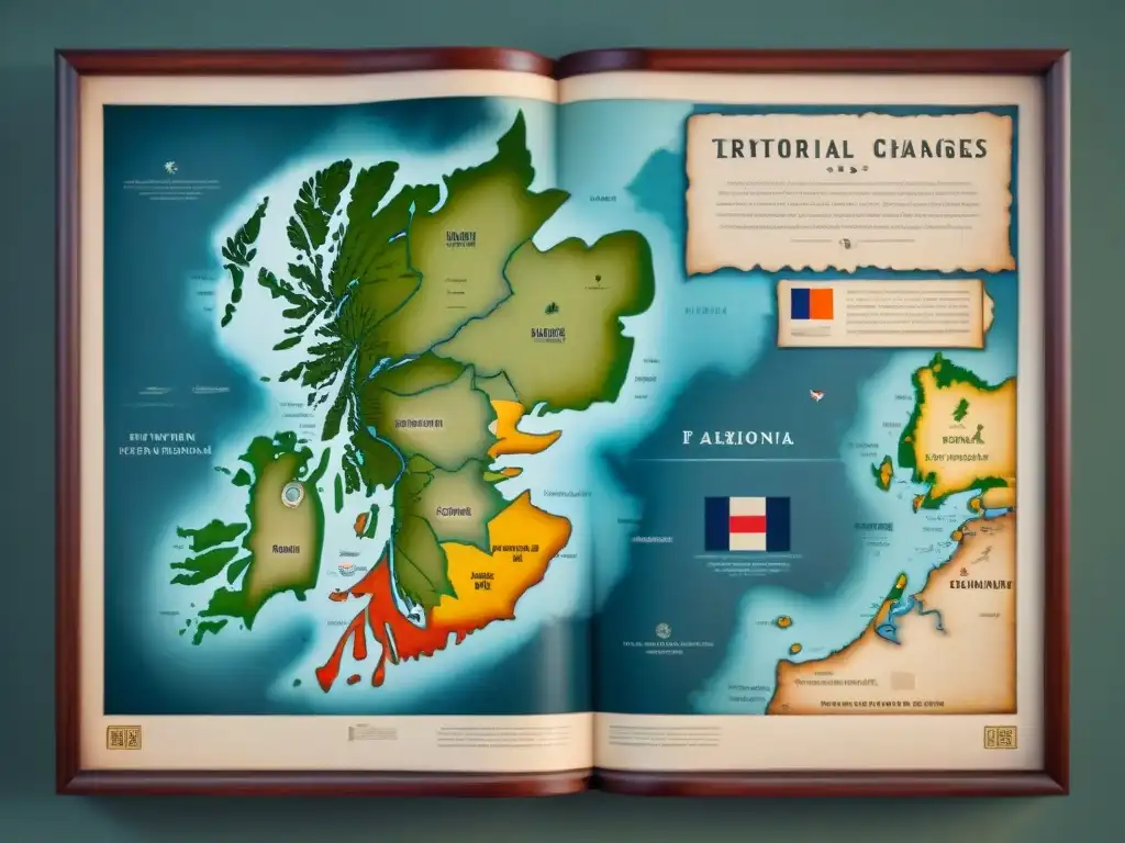 Mapa detallado sepia de cambios territoriales históricos con líneas fronterizas, zonas disputadas y símbolos militares