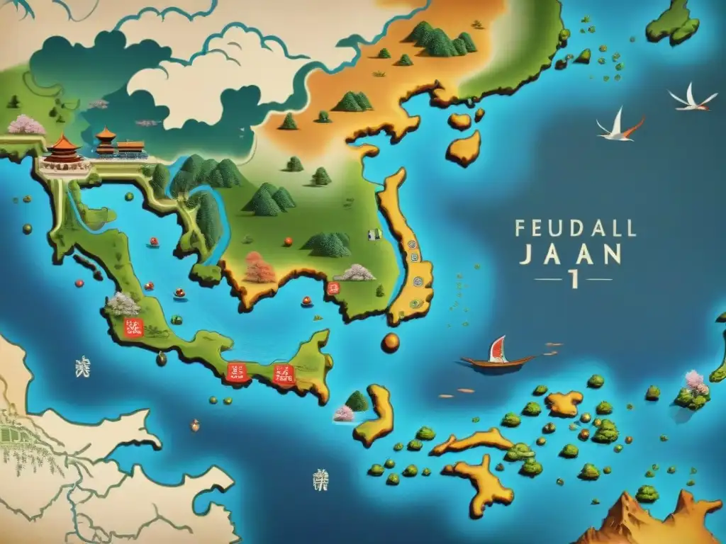 Mapa detallado en sepia de Japón feudal con castillos, ríos, bosques y montañas, adornado con símbolos tradicionales japoneses