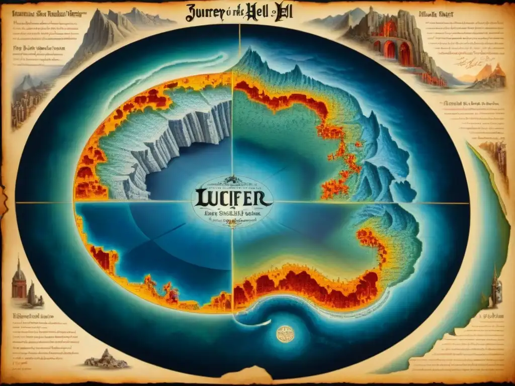 Mapa detallado en sepia de los círculos del Infierno de la Divina Comedia, con almas atormentadas y Lucifer congelado en hielo