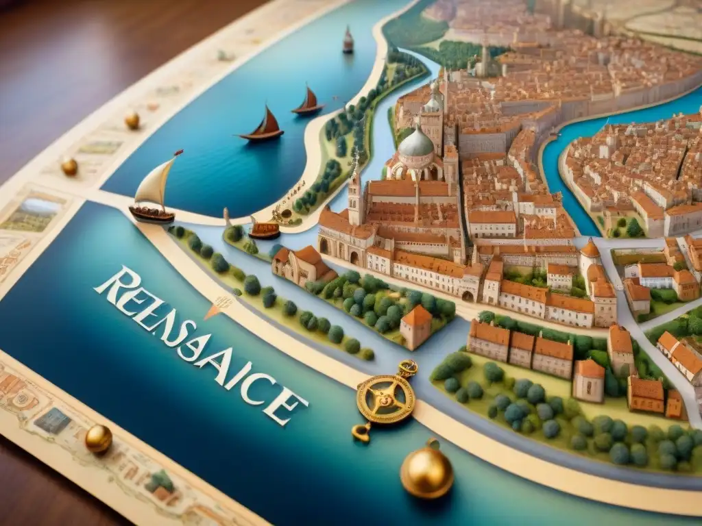 Mapa sepia detallado de una ciudad renacentista: caligrafía elegante, cúpulas y mercados bulliciosos, un viaje al pasado cartográfico Mapa detallado en sepia de una ciudad renacentista, con calles serpenteantes y edificios majestuosos