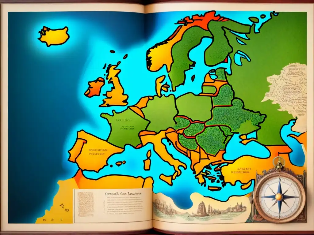 Mapa detallado sepia de Europa medieval con ciudades, paisajes y criaturas míticas