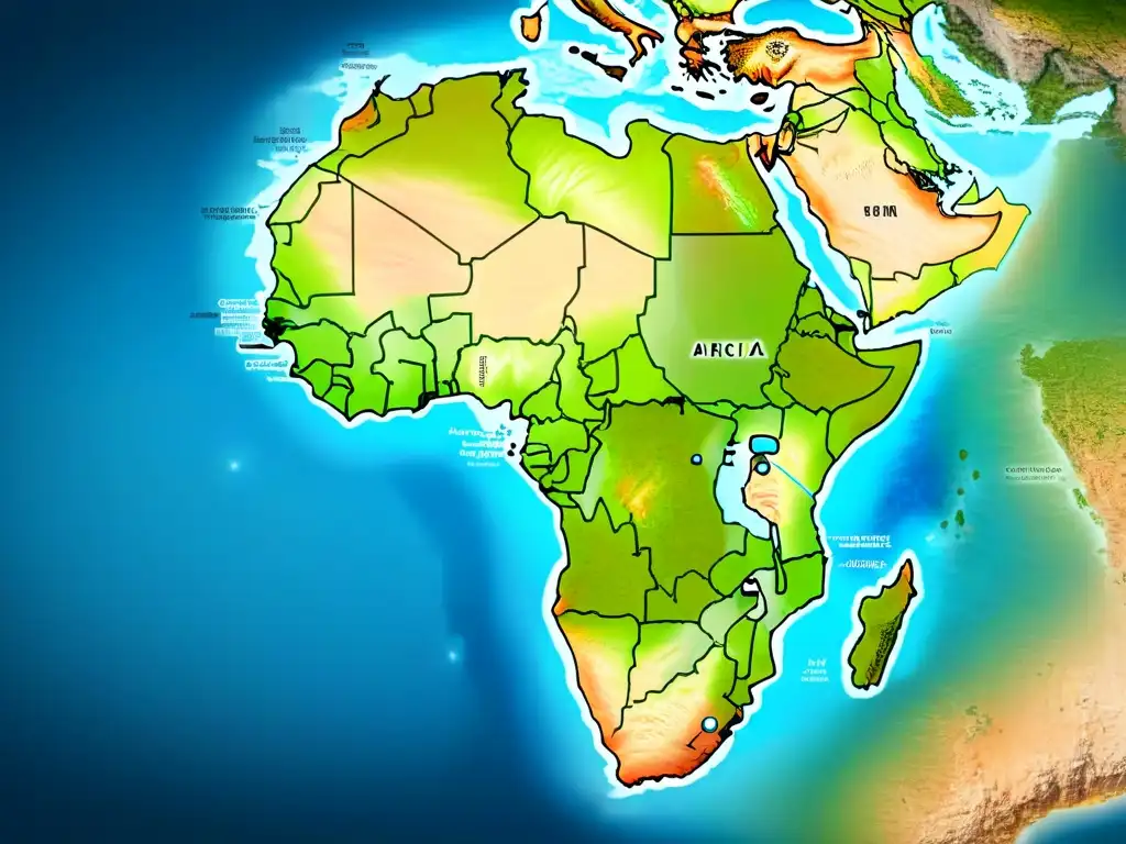 Mapa detallado en sepia de África con ciudades, terrenos y red cartográfica del siglo XXI