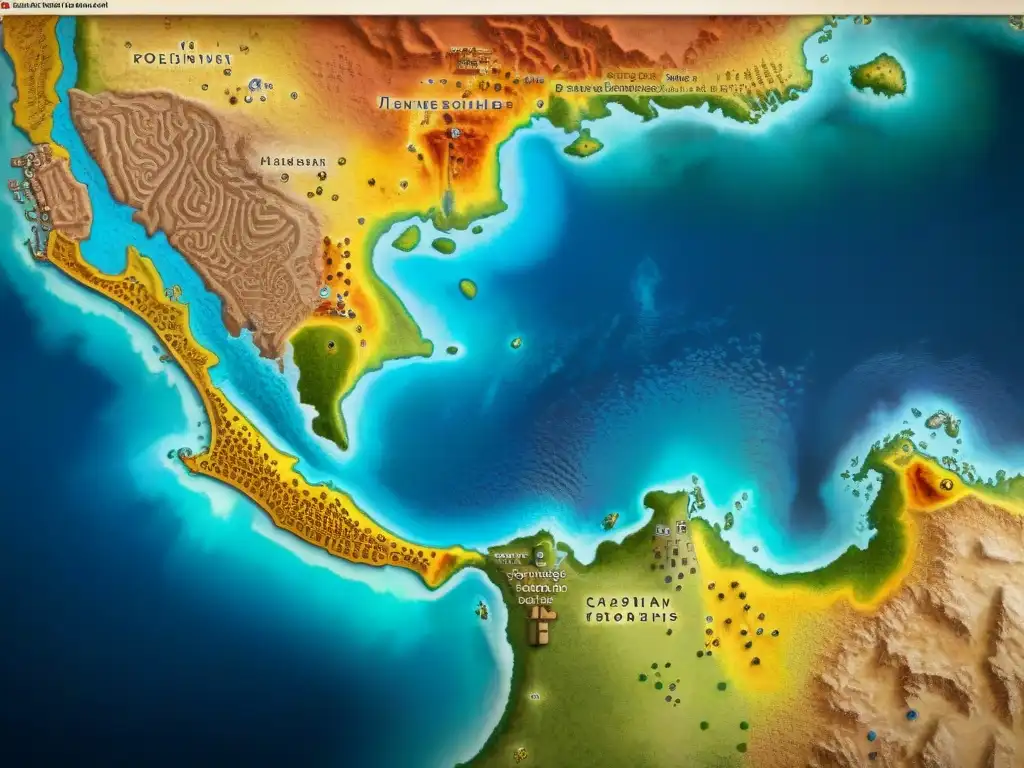 Mapa detallado de una civilización precolombina, con colores vibrantes y patrones intrincados que representan la cartografía sagrada y secular