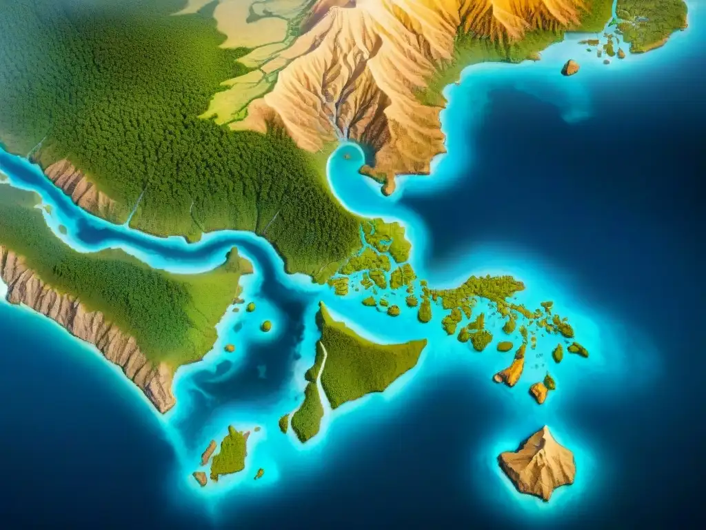 Mapa detallado de civilizaciones precolombinas en sepia, con símbolos elaborados y ricas representaciones de flora y fauna