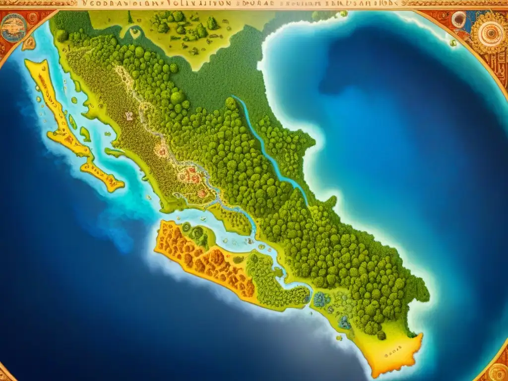 Mapa detallado en sepia de civilizaciones precolombinas, con símbolos y patrones intricados entrelazados en una cartografía antigua