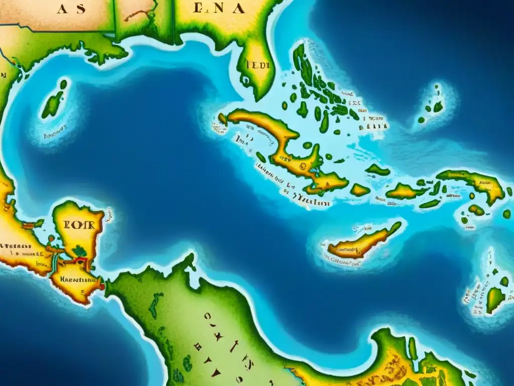 Mapa detallado del Pacífico con competencia colonial, bordes intrincados, caligrafía antigua y barcos históricos navegando