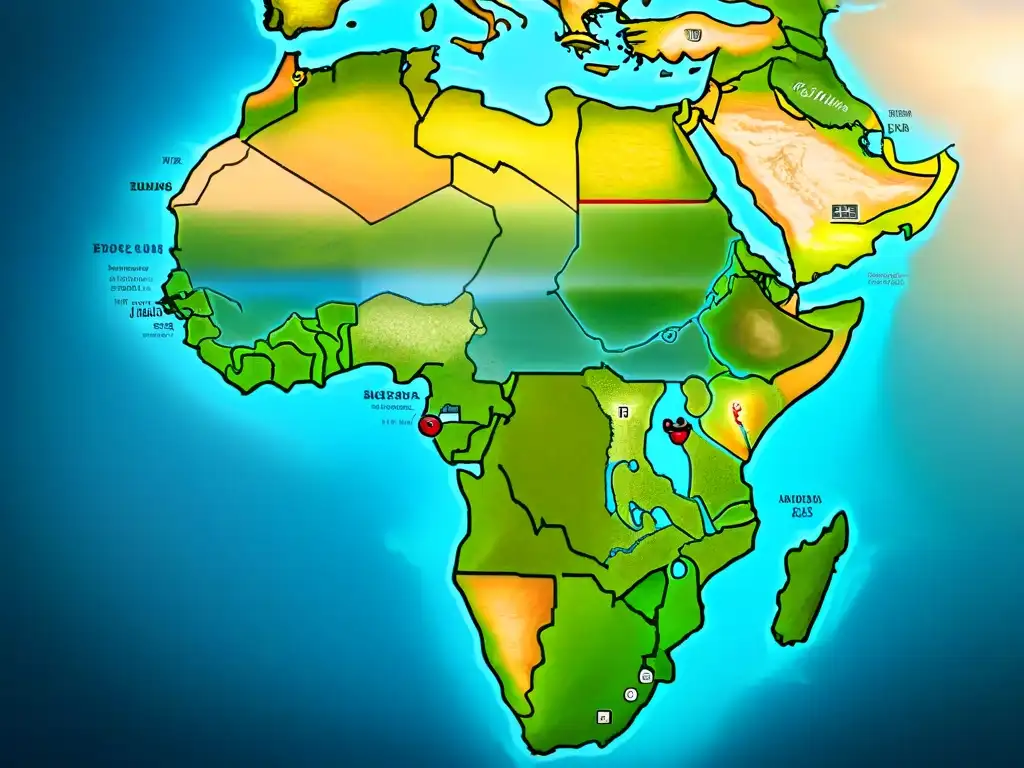 Un mapa detallado en sepia de las costas de África en tiempos antiguos, con ilustraciones de barcos, rosas de los vientos y criaturas marinas, junto a tribus e hitos históricos