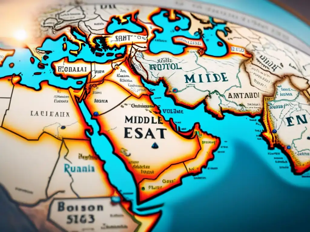 Mapa detallado en sepia del Medio Oriente con criaturas míticas y elementos cartográficos, leyendas cartográficas Medio Oriente