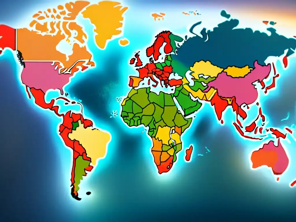 Mapa detallado en sepia con datos y líneas coloridas interconectadas, representando visualización en software de cartografía y ciencia de datos