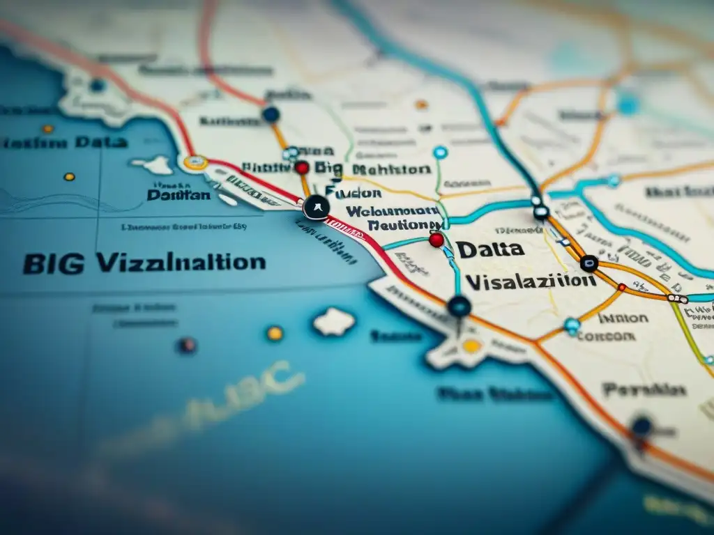 Mapa detallado en sepia con visualización de datos de técnicas cartografía big data influencia, nodos y líneas interconectados en pergamino vintage