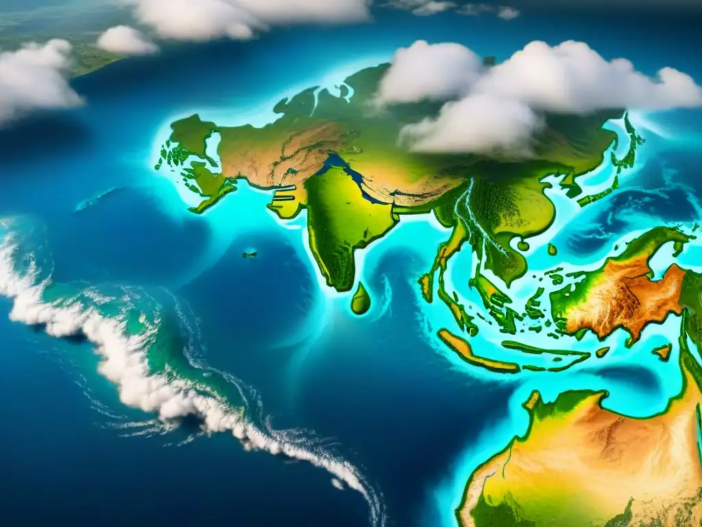 Mapa sepia detallado del Diluvio universal, con el arca entre olas turbulentas