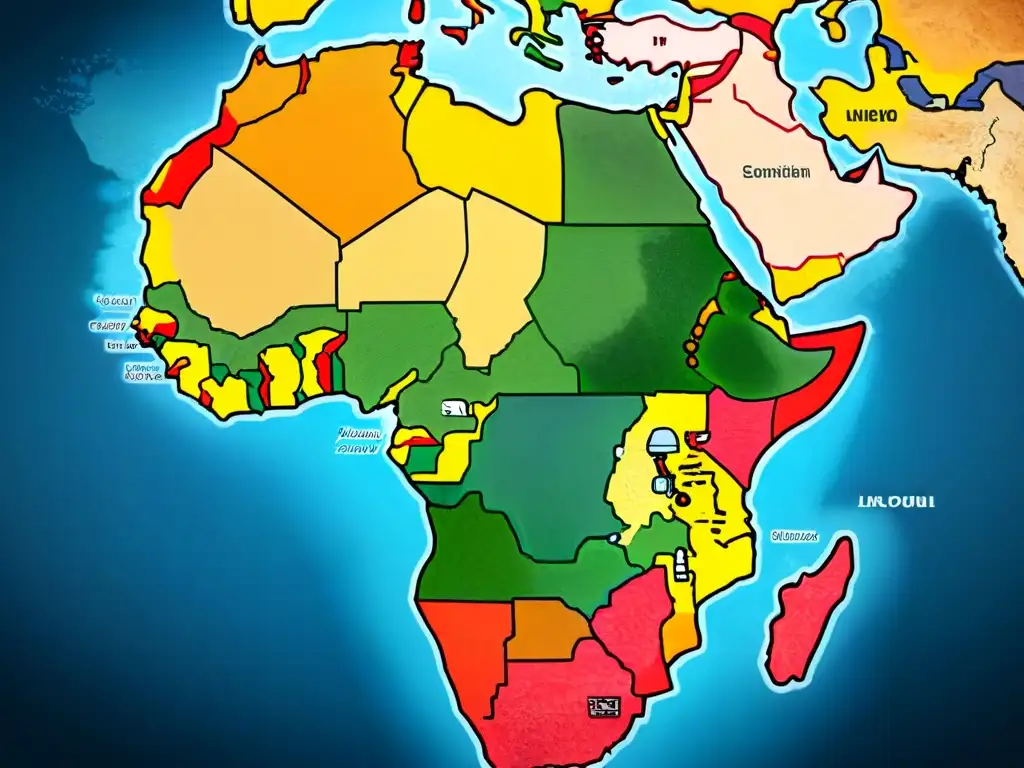 Mapa detallado en sepia de África con disputas territoriales y fronteras coloniales, destacando conflictos