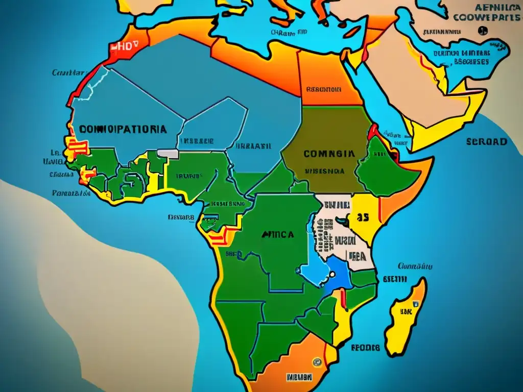 Mapa detallado en sepia de disputas territoriales africanas, con fronteras, zonas en conflicto y elementos geográficos clave