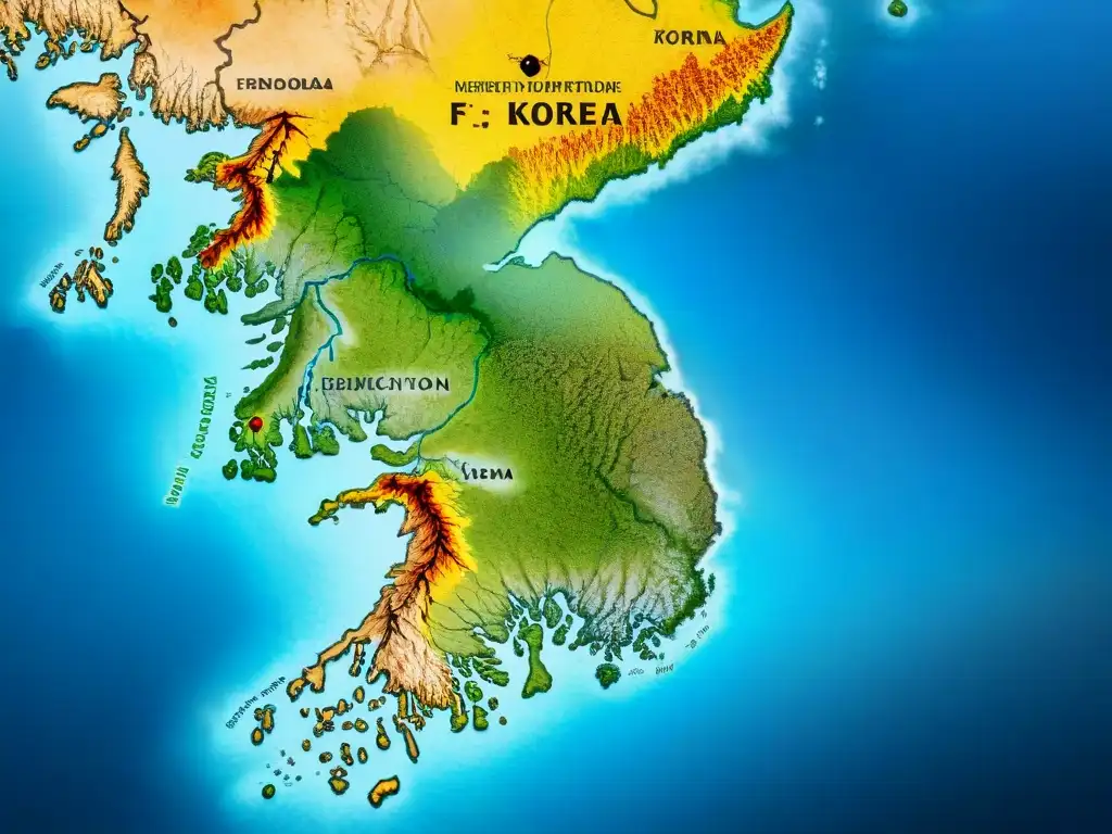 Mapa detallado en sepia de Corea, mostrando la evolución de la cartografía con disputas territoriales en cartografía histórica