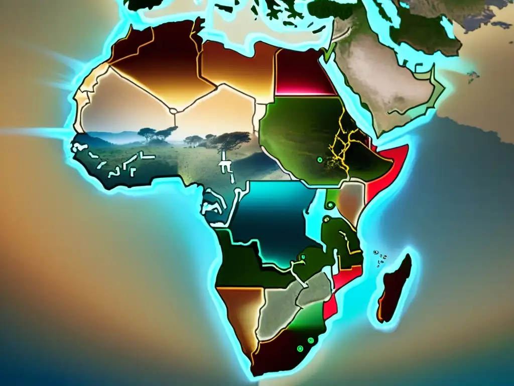 Mapa detallado de África resaltando diversidad cultural y geográfica en tonos sepia, con toques de color