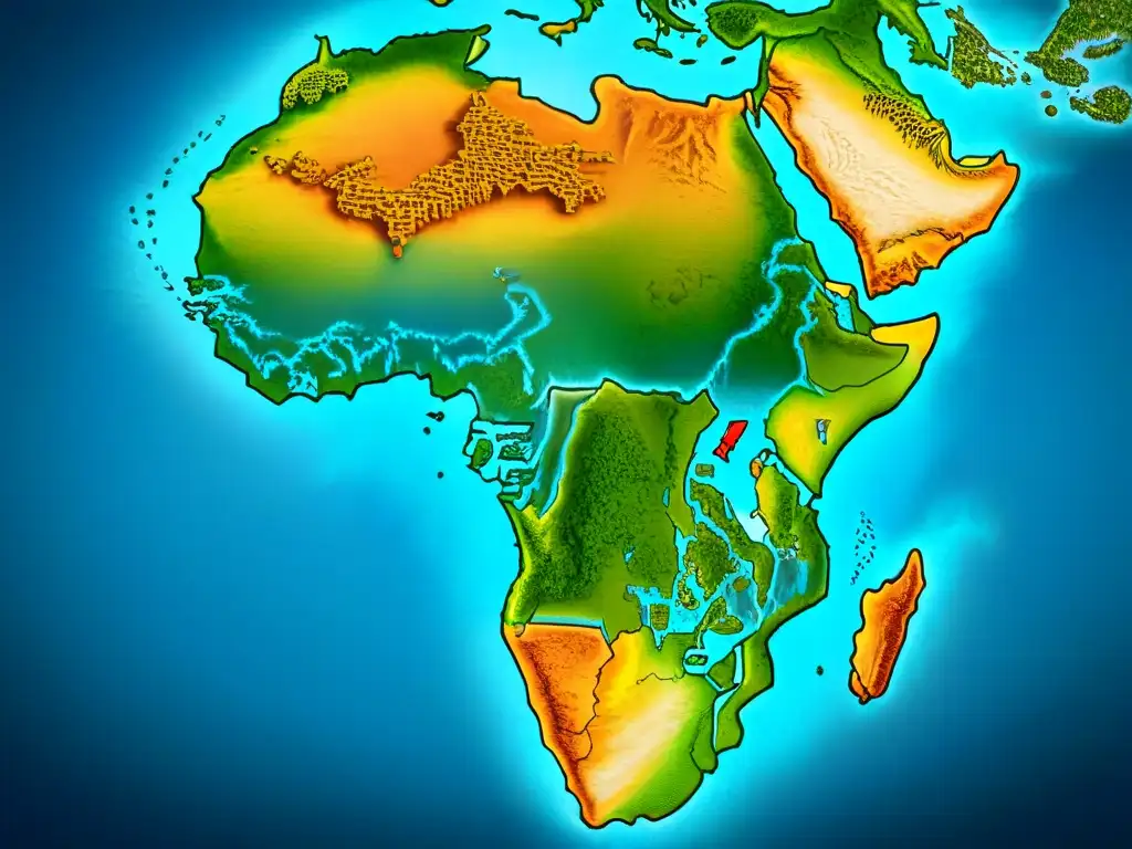 Mapa detallado en sepia de la Edad de Descubrimiento de África, con criaturas míticas y tribus indígenas