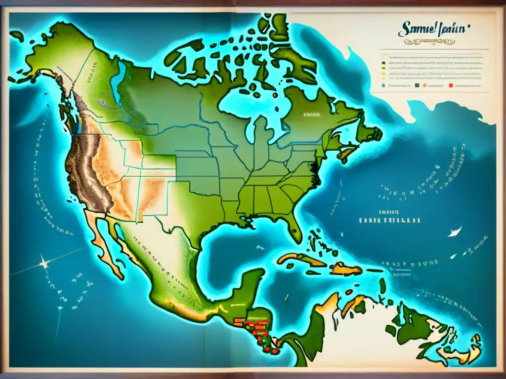 Mapa detallado en sepia de Samuel de Champlain, detallando la colonización de Norteamérica con elegantes anotaciones en caligrafía